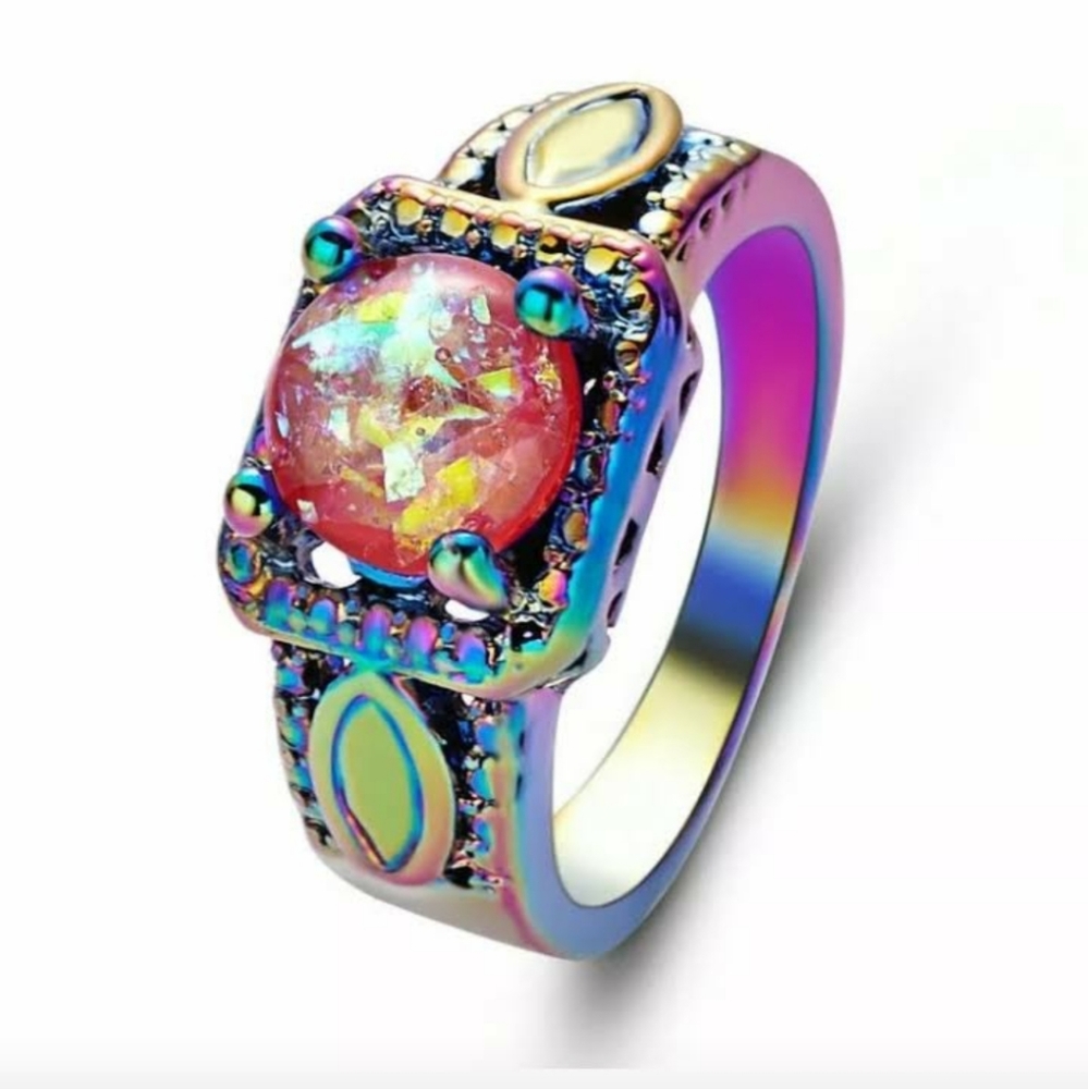 *Sale* New Red Fire Opal Rainbow Hematite Ring.